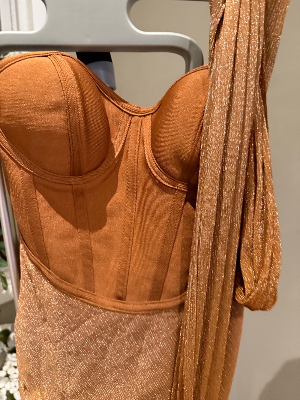 JLUXLABEL One-Shoulder Metallic Copper-Brown Gown - Picture 5 of 9